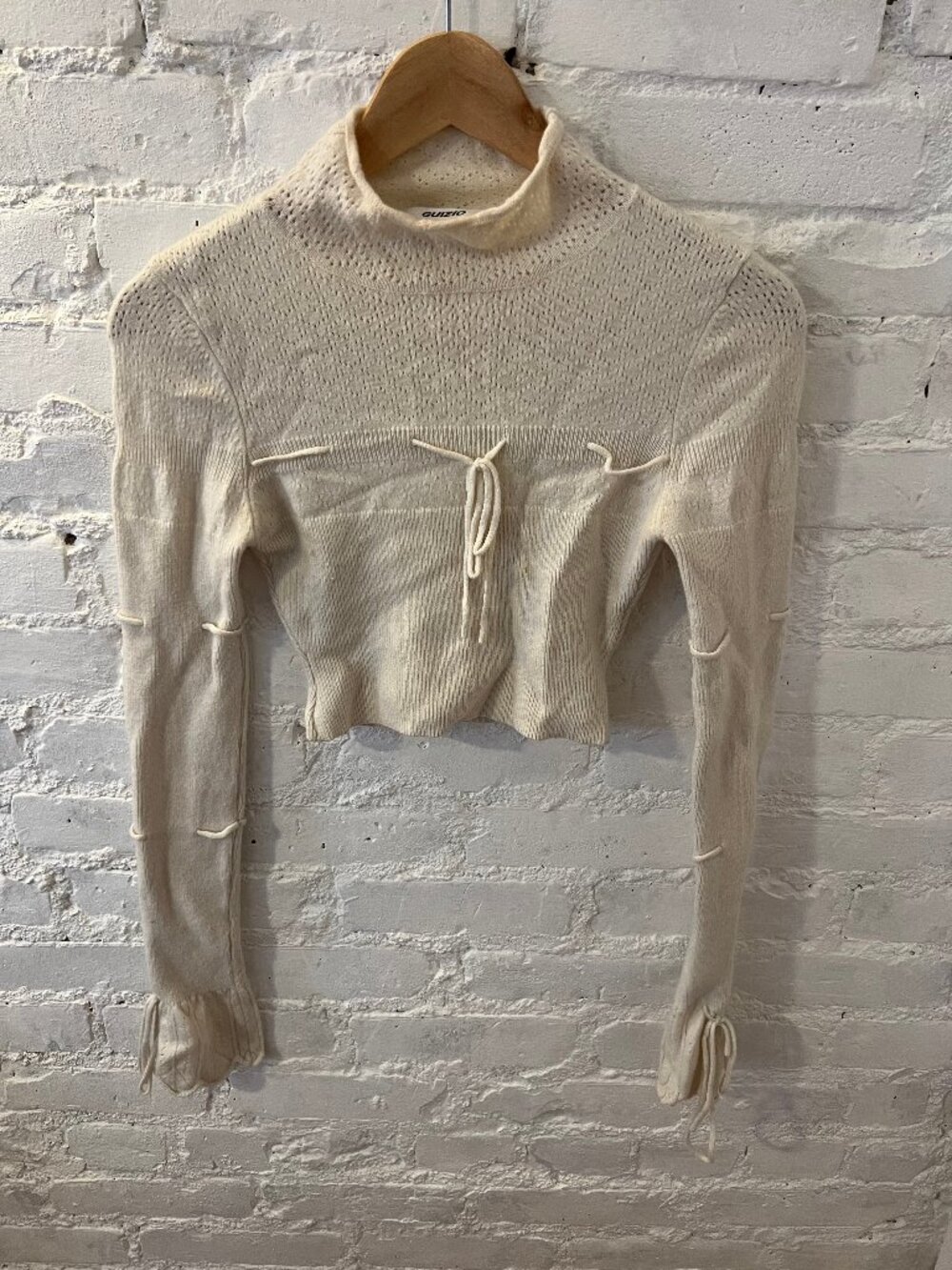 Guizio Women's Bow Knit Pointelle Turtleneck Sweater Off-White Cream Size XS